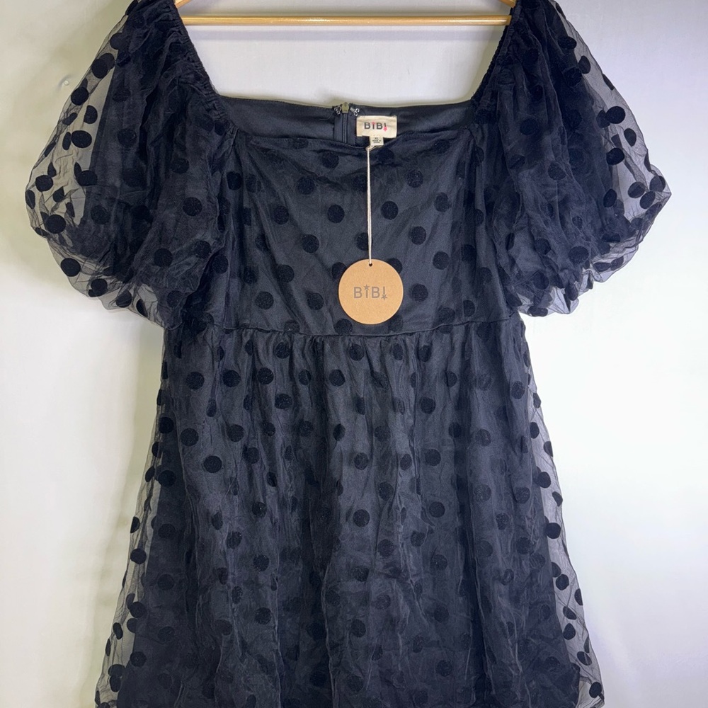 BiBi Black velvet Polka Dot Puff Sleeve Babydoll Mini Dress XL NWT‎